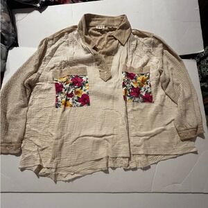 POL Women Lg Mixed Media Floral Pocket Gauze Waffle Knit Top Cream Shabby Chic